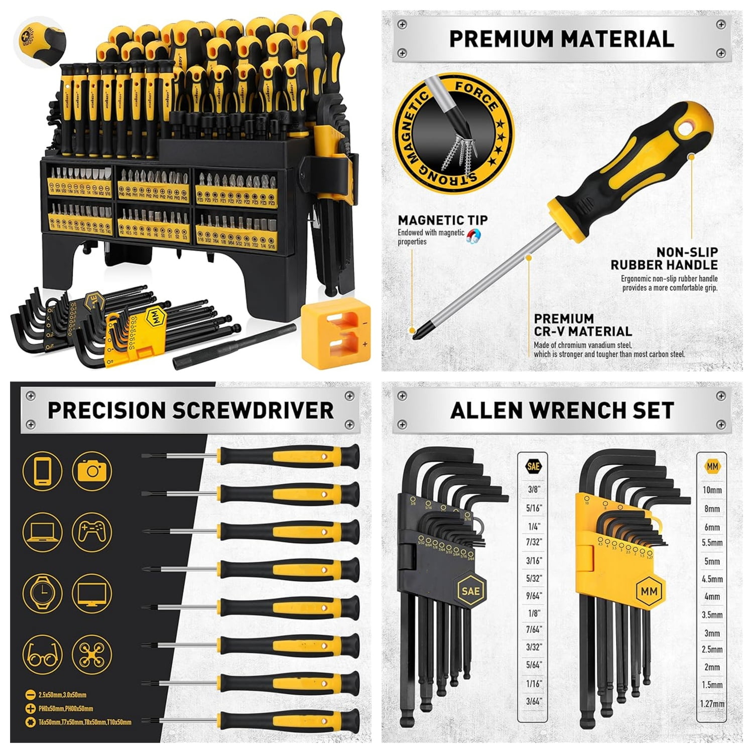 140-Piece Magnetic Screwdriver Set with Plastic Racking, Includes SAE & Metric Hex Keys, Precision Screwdriver and Magnetizer Demagnetizer DIY Tools for Men Tools Gift