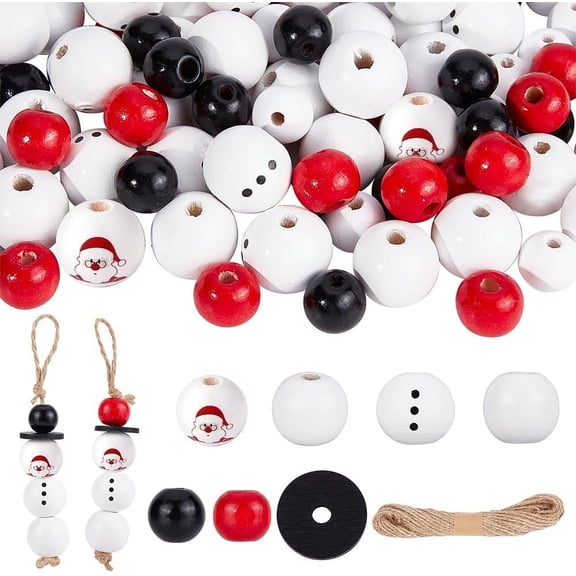 140 Pieces Christmas Wood Beads Set Snowman Wooden Beads White Black Red Round Disc Craft Beads with Hemp Rope for Craft Jewelry Garland Making Thanksgiving Christmas Hanging Ornament colorful DIY