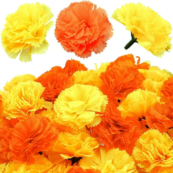 140 Pieces Marigold Flower Heads Mexican Artificial Marigold Flowers Valentine Day Flowers Day of the Dead Decoration for Diwali Indian Decor DIY Wreath Garland Craft (Orange, Yellow, 2 Inch)