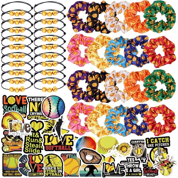 140 Pieces Softball Party Favor Set Softball Team Gifts for Girls Women 20 Satin Softball Scrunchies Hair Ties,20 Adjustable Softball Bracelet and 100 Softball Stickers Softball Birthday Party