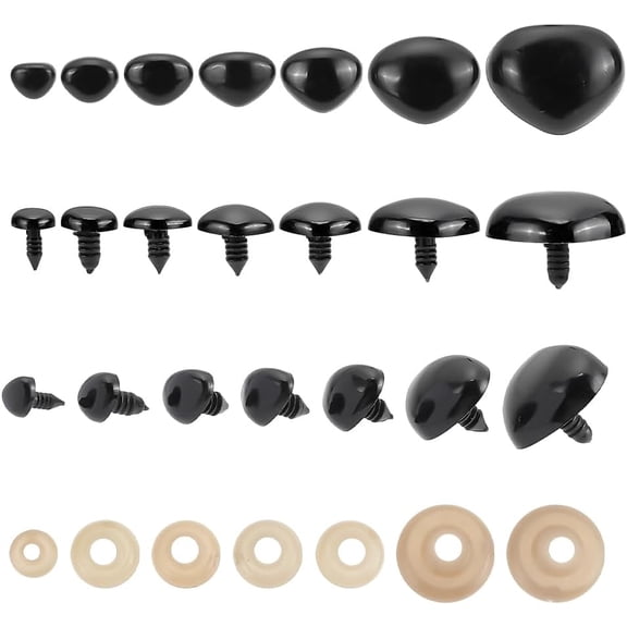 140 Sets Black Safety Noses 7 Sizes Plastic Crafting Noses Triangle Animal Safety Noses with Washers Crochet Noses for Amigurumi Craft Puppet Plush Stuffed Bear Accessories