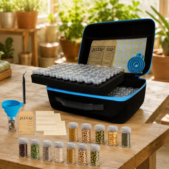 140-Slot Seed Storage Organizer Box with 20 Envelopes, Label Stickers, Tweezers and Funnel, Clear Seed Storage Container for Vegetable and Flower Garden Seeds