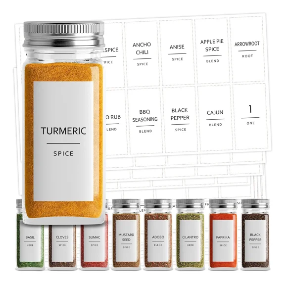 140 Spice Labels Stickers, Preprinted White Minimalist Spice Jar Labels
