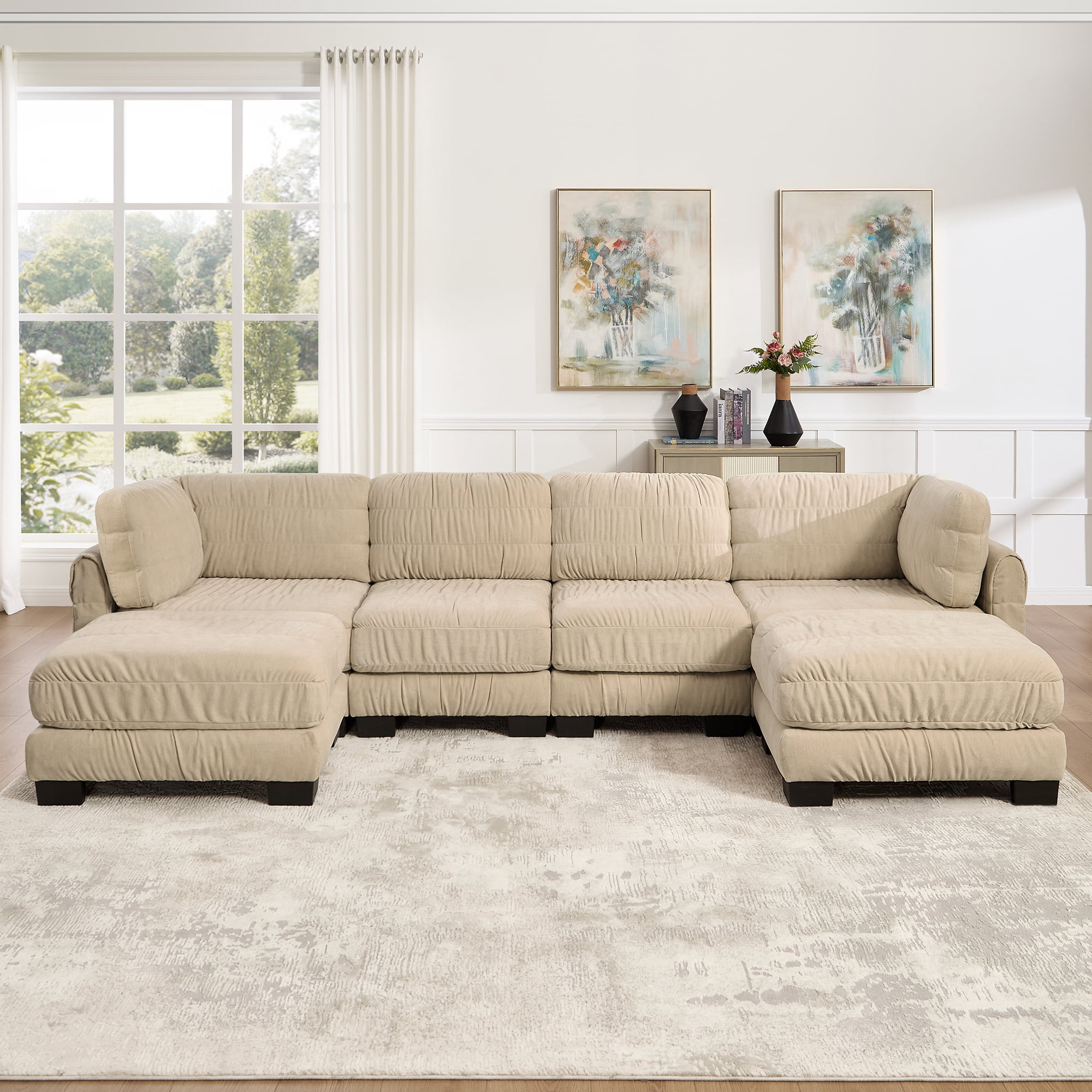 140" U Shape 4 Seat Ruched Chenille Modular Sectional Sofa with 2 Movable Ottomans,Easy Assembly