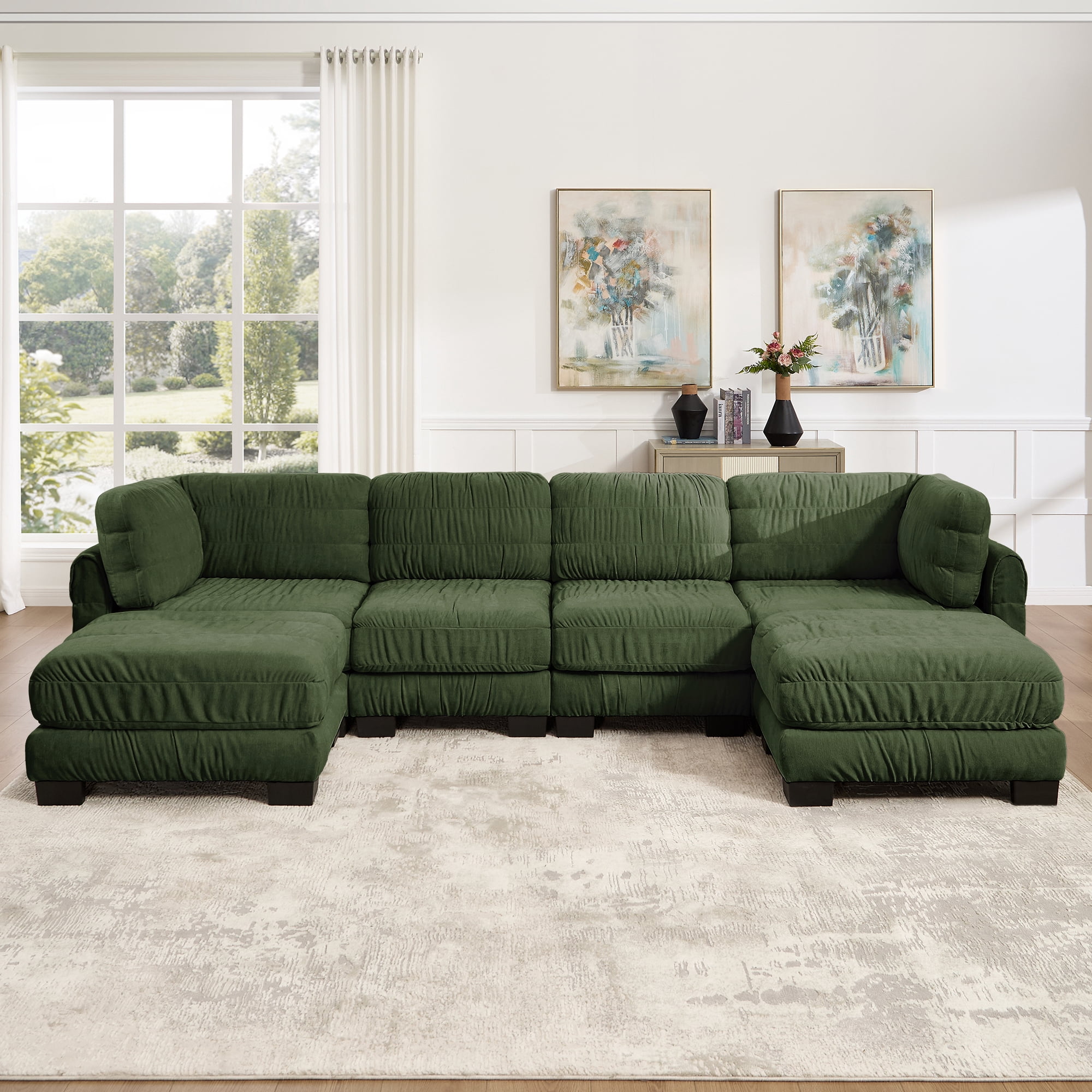 140" U Shape 4 Seat Ruched Chenille Modular Sectional Sofa with 2 Movable Ottomans,Easy Assembly
