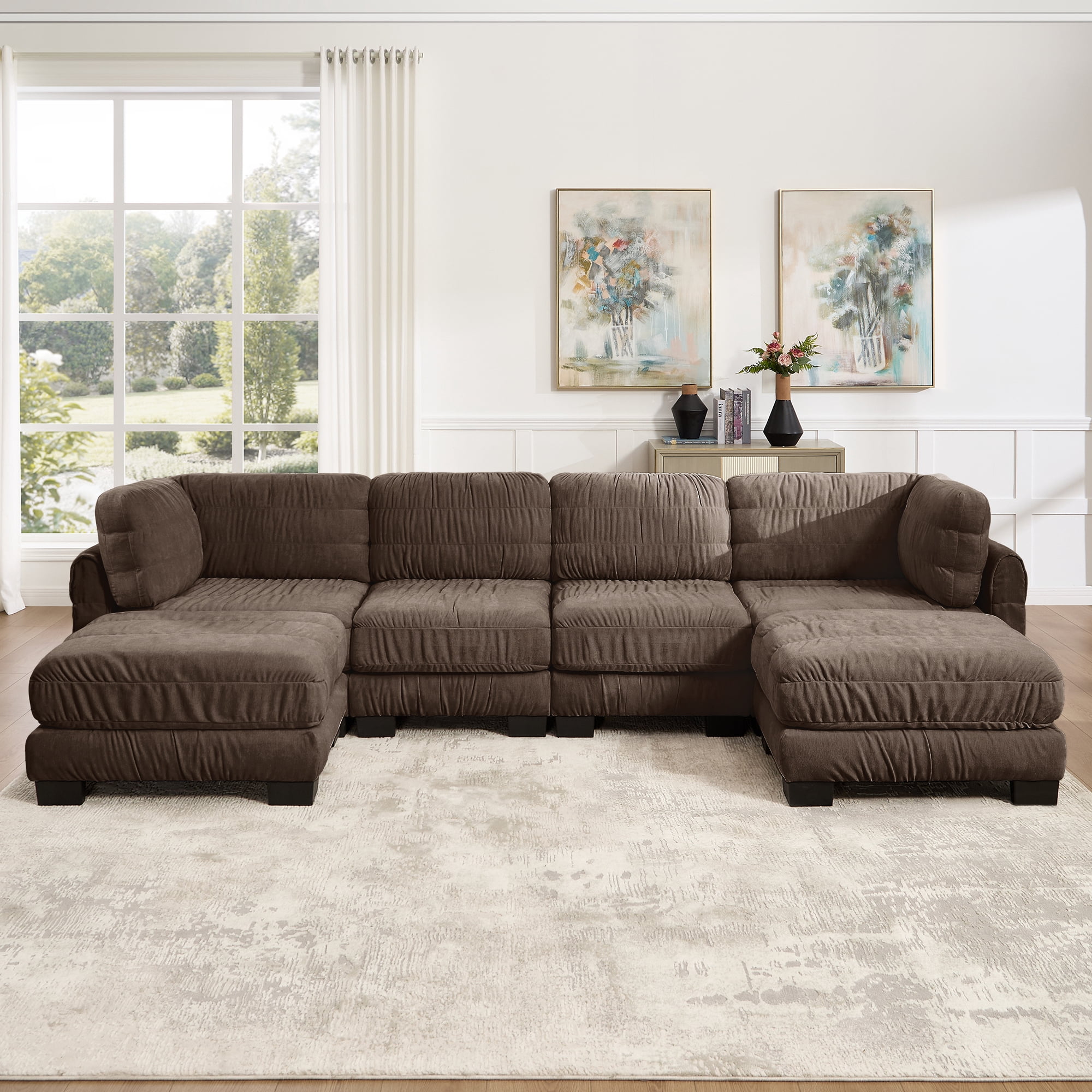 140" U Shape 4 Seat Ruched Chenille Modular Sectional Sofa with 2 Movable Ottomans,Easy Assembly