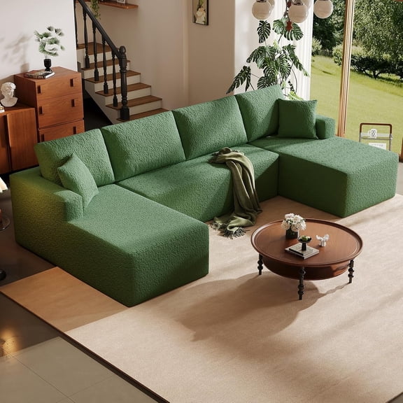 140 '' Oversized U-Shaped Chaise Sofa Modern Modular Cloud Couch with Deep Seating Upholstered Sofa for Living Room Bedroom,No Assembly Required, Green(Teddy Fabric)