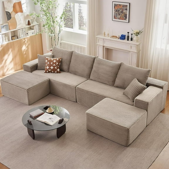 140" U-Shaped Cloud Corduroy Sectional, Modular Sofa Set with 2 Ottomans, Deep Seating 4-Piece Living Room Couch, No Assembly(Camel,2 Ottomans)