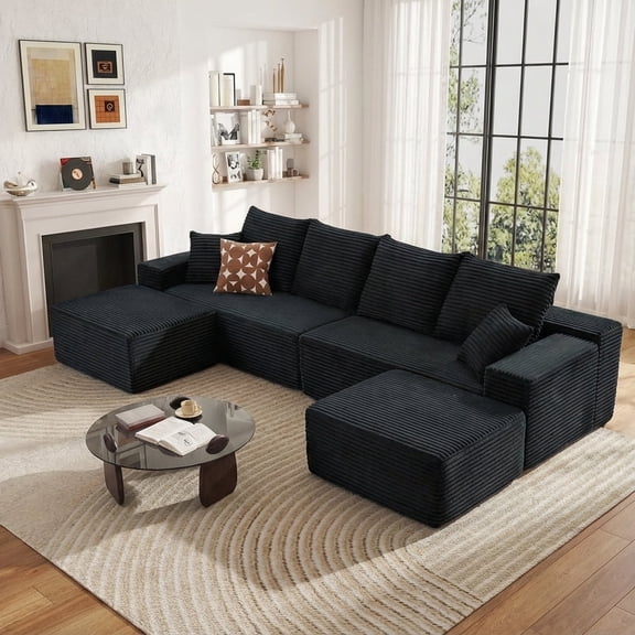 140" U-Shaped Modular Sectional Sofa with 2 Ottomans, Plush Corduroy Cloud Couch, Deep Seat 4-Seater, No Assembly Required (Black,2 Ottomans)