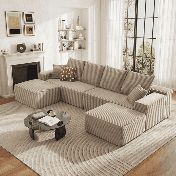 140" U-Shaped Modular Sectional Sofa with 2 Ottomans, Plush Corduroy Cloud Couch, Deep Seat 4-Seater, No Assembly Required(Camel,2 Ottomans)