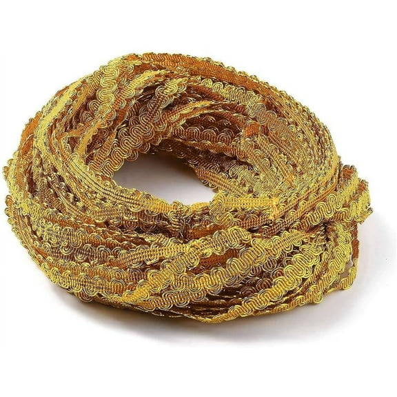 140 Yards 3/8 Inch Metallic Braid Lace Trim Gold Polyester Upholstery Ribbon Wave Pattern Scroll Decorated Gimp Woven Trimming for Jewelry Making Sewing Wedding Garment Accessories Goldenrod