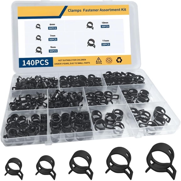 140 count Spring Hose Clamps Assortment, 6/7/9/10/11mm Line & Automotive Hose Clamp, Small Spring Clamps, Spring Band Tube Clips for Air Line, Water, & Vacuum Hoses (black)