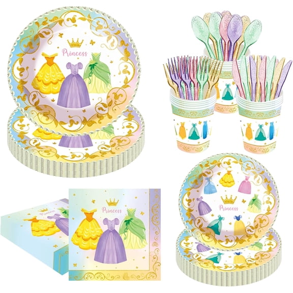 140 pieces of princess birthday party decorations, princess plates napkins, girls paper cups party supplies, disposable tableware sets, suitable for children girls birthday decorations, for 20 guests