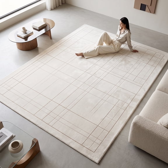 140 x 200 cm Velvet Area Rug, Cream Abstract Geometric Grid Carpet, Rectangular Floor Mat for Living Room, Bedroom, Office and Modern Home Decor