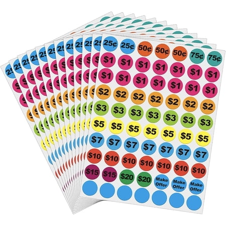 1400 Pcs Removable Garage Sale Stickers, 3/4" Round Preprinted Yard Sale Price Labels with Assorted Values, Self-Adhesive Color-Coded Tags for Flea Markets, County Fairs, Retail, and Home