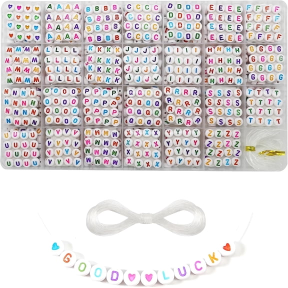 1400 Pieces 4x7mm White Round Acrylic Alphabet Letter Beads A-Z Heart Pattern Beads and Crystal Line for Jewelry Making Bracelets Necklaces Key Chains