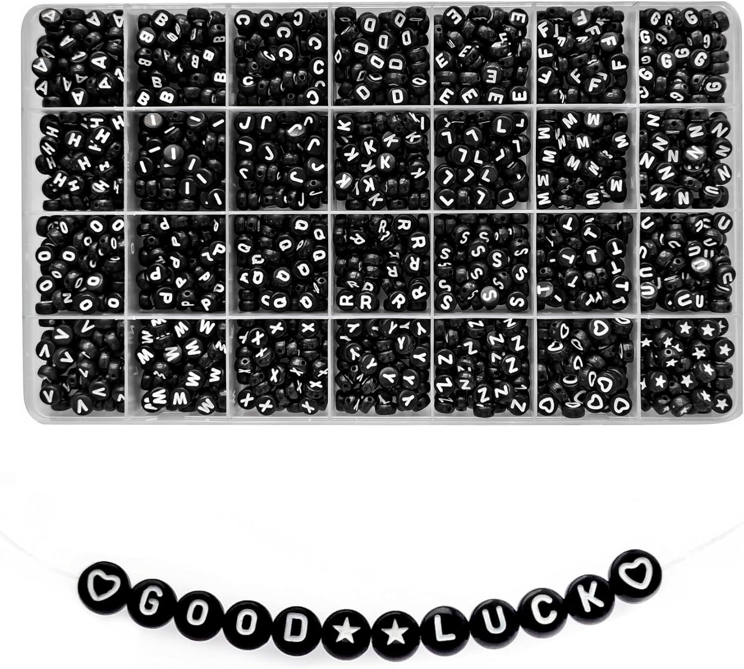 1400 Pieces Round Alphabet Letter Beads A-Z 4x7mm Black Acrylic with Colorful Letter and Crystal Line for Jewelry Making, Style 2