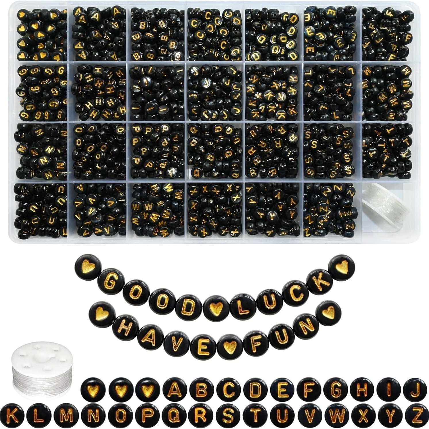 1400 Pieces Round Alphabet Letter Beads A-Z 4x7mm Black Acrylic with Colorful Letter and Crystal Line for Jewelry Making, Style 3