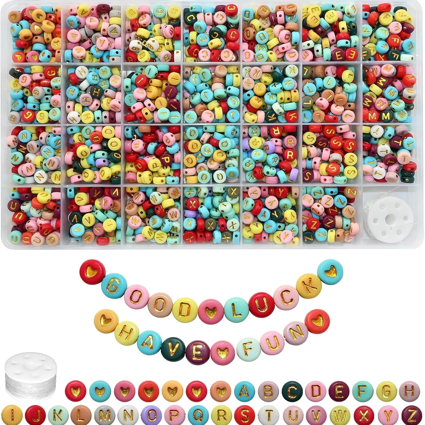 1400 Pieces Round Alphabet Letter Beads A-Z 4x7mm Black Acrylic with Colorful Letter and Crystal Line for Jewelry Making, Style 6