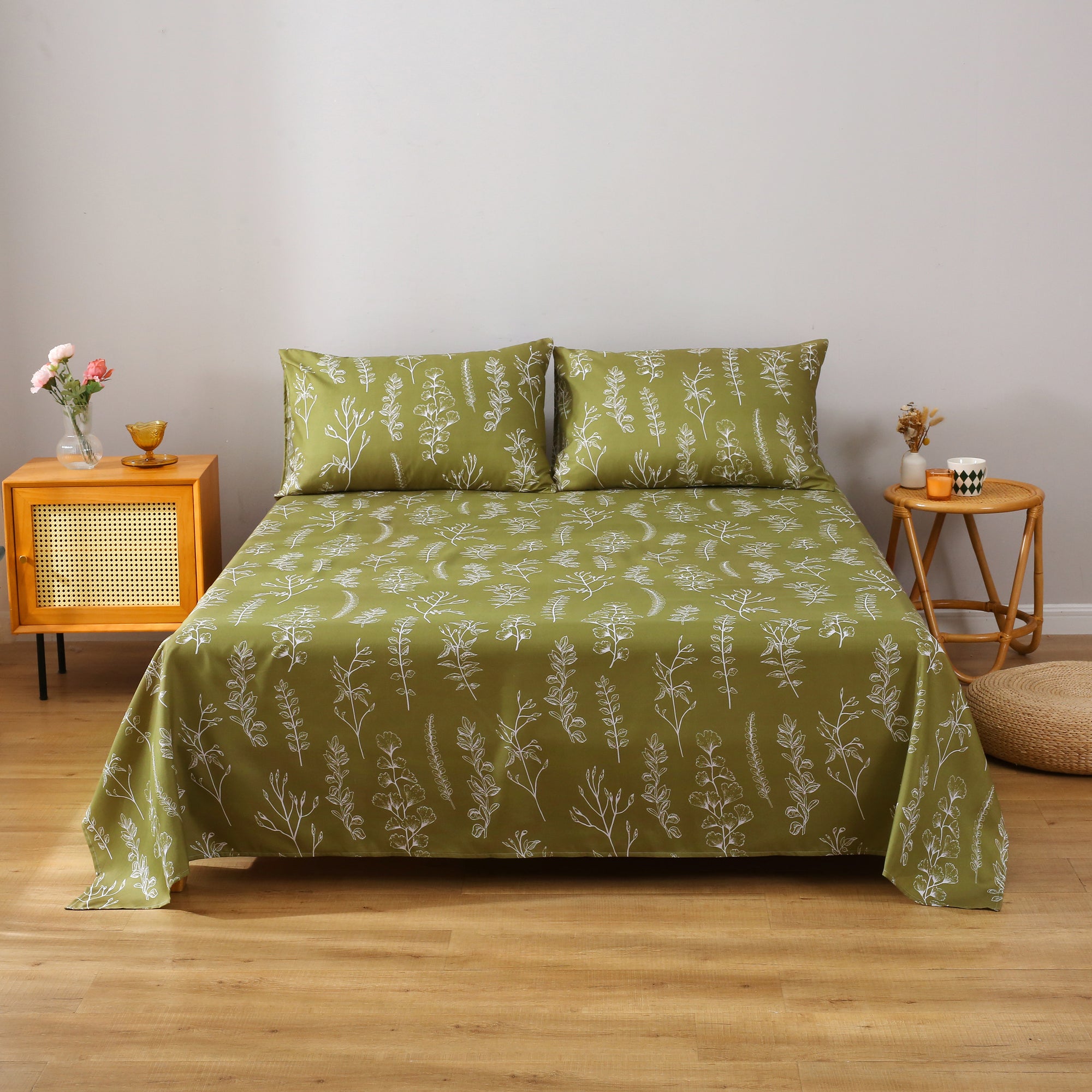 1400 Thread Count Sheet Sets Plant Print , Microfiber Flat Sheet, Deep Pockets Fitted Sheet