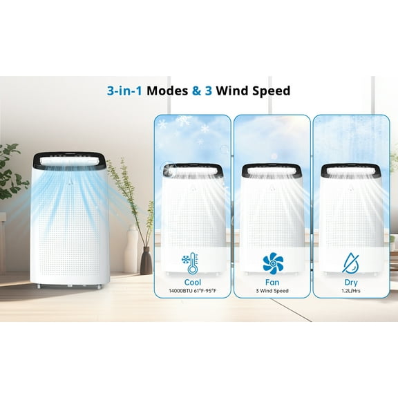 14000 BTU Portable Air Conditioner with Remote Control, 3-in-1 Air Conditioners with Fan and Dry Function, Quiet Operation, Double Motor, Sleep Mode/24Hrs Timer/Installation Kits, Energy Savings