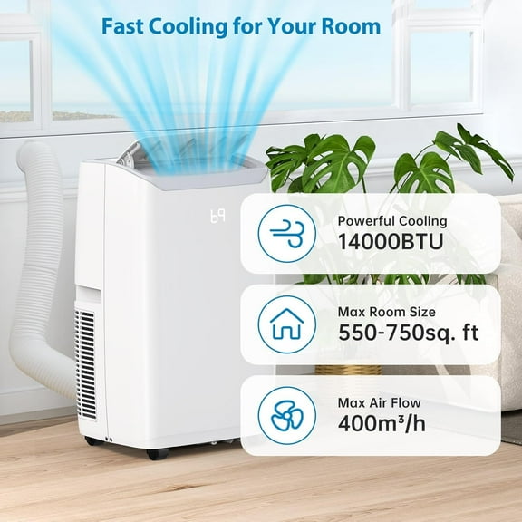 14000Btu Portable Air Conditioner Cools Up to 750 Sq.Ft, Portable AC Unit with Dehumidifier & Fan Modes, Remote Control, Installation Kits, 3 Speed, Auto Swing, 24H Timer, White