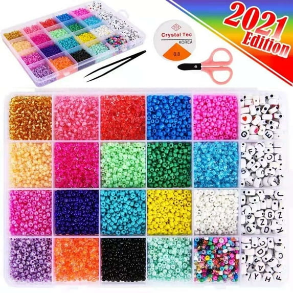 14000pcs 2mm Glass Seed Beads for Jewelry Making Kit, 1800pcs Alphabet Letter Beads, Tiny Beads Set for Bracelets Making, DIY, Art and Craft with Rolls of Elastic String Cord, Charms and Rings