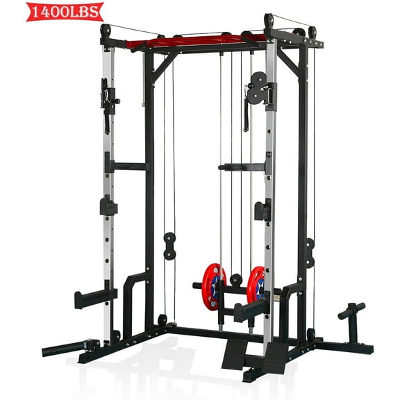 Seizeen Power Cage, 1400LBS Squat Rack with Cable Crossover System, Home Gym Equipment Multi-Function Smith Machine with LAT PullDown System Training Attachments