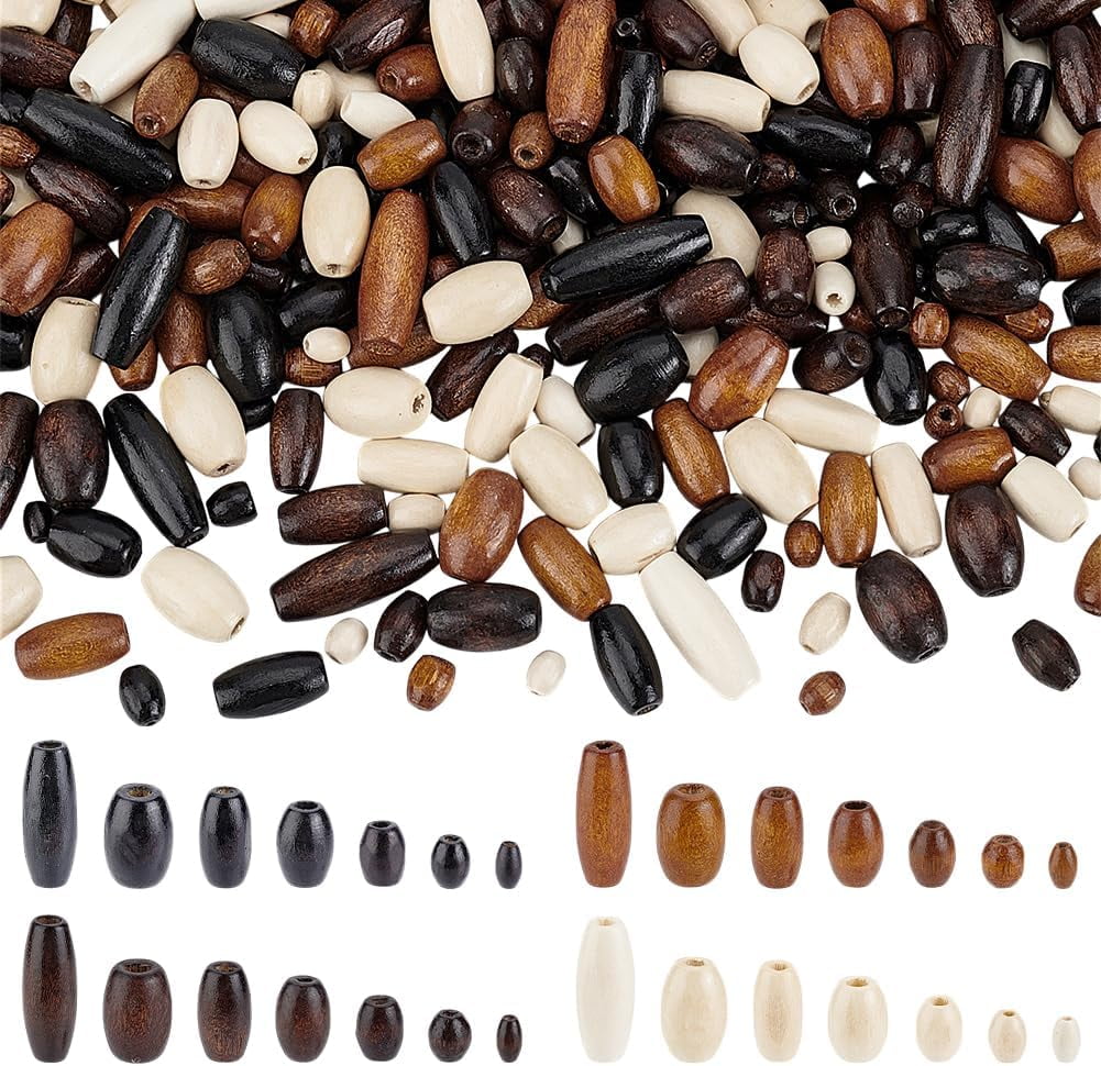 1400Pcs Natural Oval Wood Beads 7 Sizes 4 Colors Wooden Spacer Beads Tiny Oval Wooden Tube Beads Loose Beads