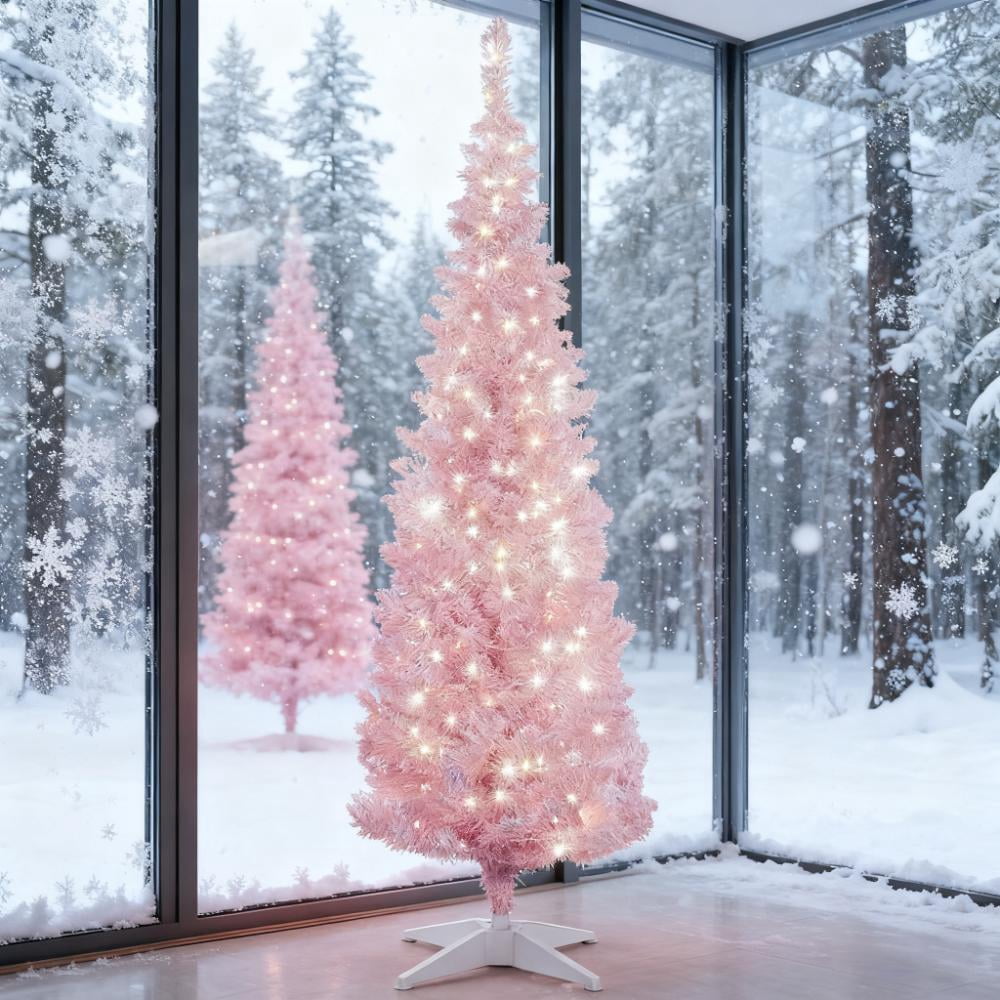 5ft Prelit Pink Snow Flocked Pencil Christmas Tree 294 Tips 160 Warm White LED Lights Indoor Decor