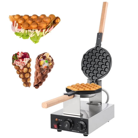 1400W Commercial Bubble Waffle Maker, Electric Non-Stick Egg Waffle Iron with Adjustable Temperature and Timer, 180° Rotating, Stainless Steel, for Home and Commercial Use