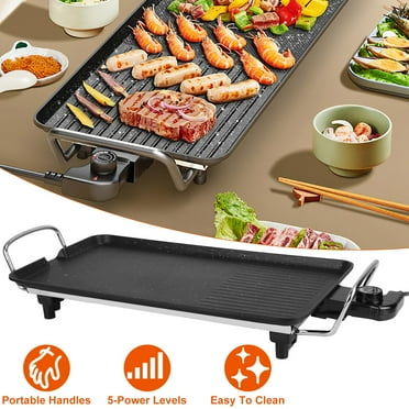 1400W Electric Grill Griddle Non-Stick BBQ Griddle with 5 Levels Adjustable Temperature up to 473℉ Flat & Strip Texture Surface Hot Plate for Barbecue 21 x 11 Black