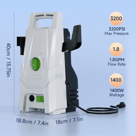 1400W Portable Electric High Pressure Washer - 3200PSI Max, 1.8GPM Power Washer