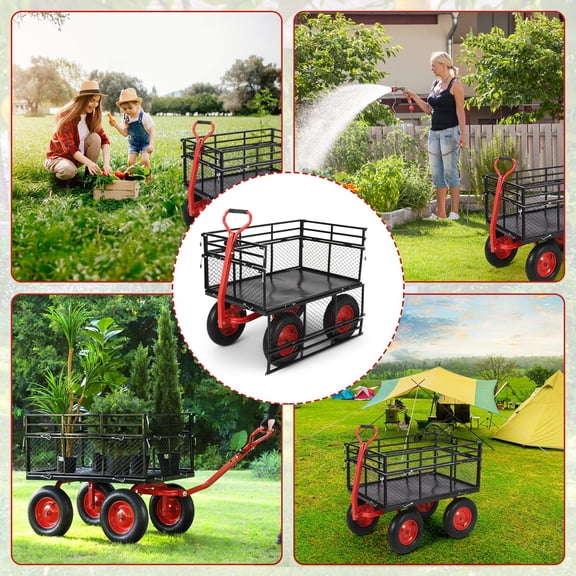 1400lbs Heavy Duty Steel Garden Cart - Utility Dump Wagon - Removable Mesh Sides - 16" All-Terrain Wheels - 2-in-1 Rotating Handle - Versatile Wheelbarrow for Landscaping & Gardening (1400lbs)