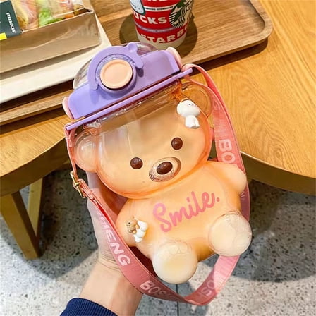 1400ml Large Bear Water Bottle - Spill-Proof Straw Cup with Removable Shoulder Strap