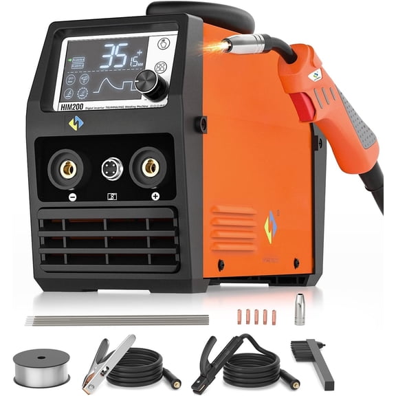 140A MIG Welder 110V/220V, Flux Core Welder/ ARC/Lift Tig/Spool  4 in 1 Gasless Mig Welding Machine with LCD Display Synergy Dual  IGBT Inverter Welder (HIM200)