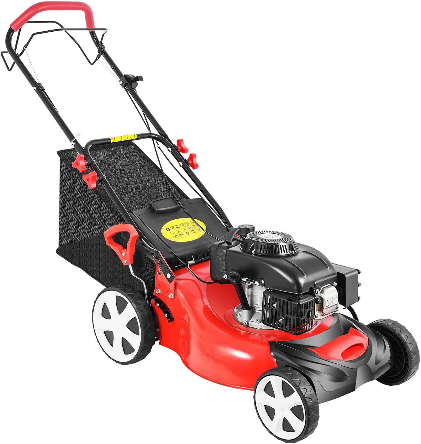 140CC 4-Stroke Self-Propelled Gas Lawn Mower, Red Black Labor-Saving Self-Propelled Drive Gas Grass Cutter for Garden Villa Municipal Greening