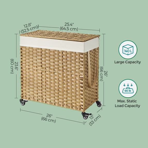 140L (37 Gallon) Rolling Laundry Hamper with Lid, 3-Section Synthetic Rattan Laundry Basket Storage with Removable Liner, 26x13x26 Inches
