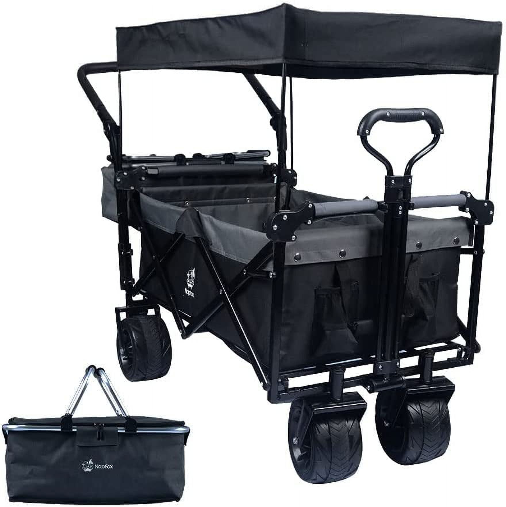 140L Collapsible Wagon, Foldable Wagon Cart with Removable Canopy, All-Terrain Wheels with Brake, Cooler Bag, for Camping Beach Shopping