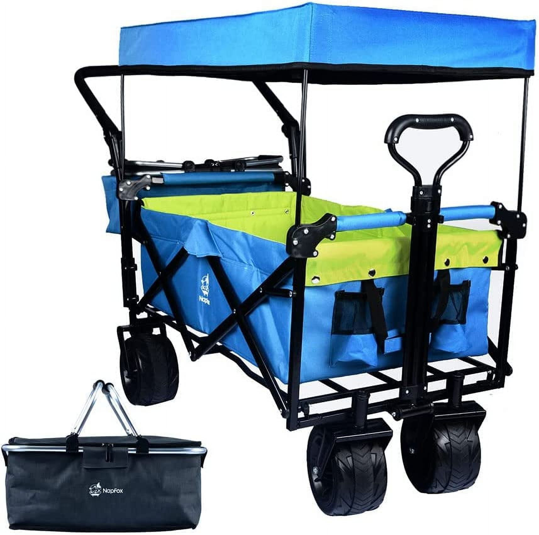 140L Collapsible Wagon with Removable Canopy, 360° Rotating All-Terrain Wheels with Brake, Telescopic Lockable Handle, Foldable Wagon with Cooler Bag for Camping Beach Shopping