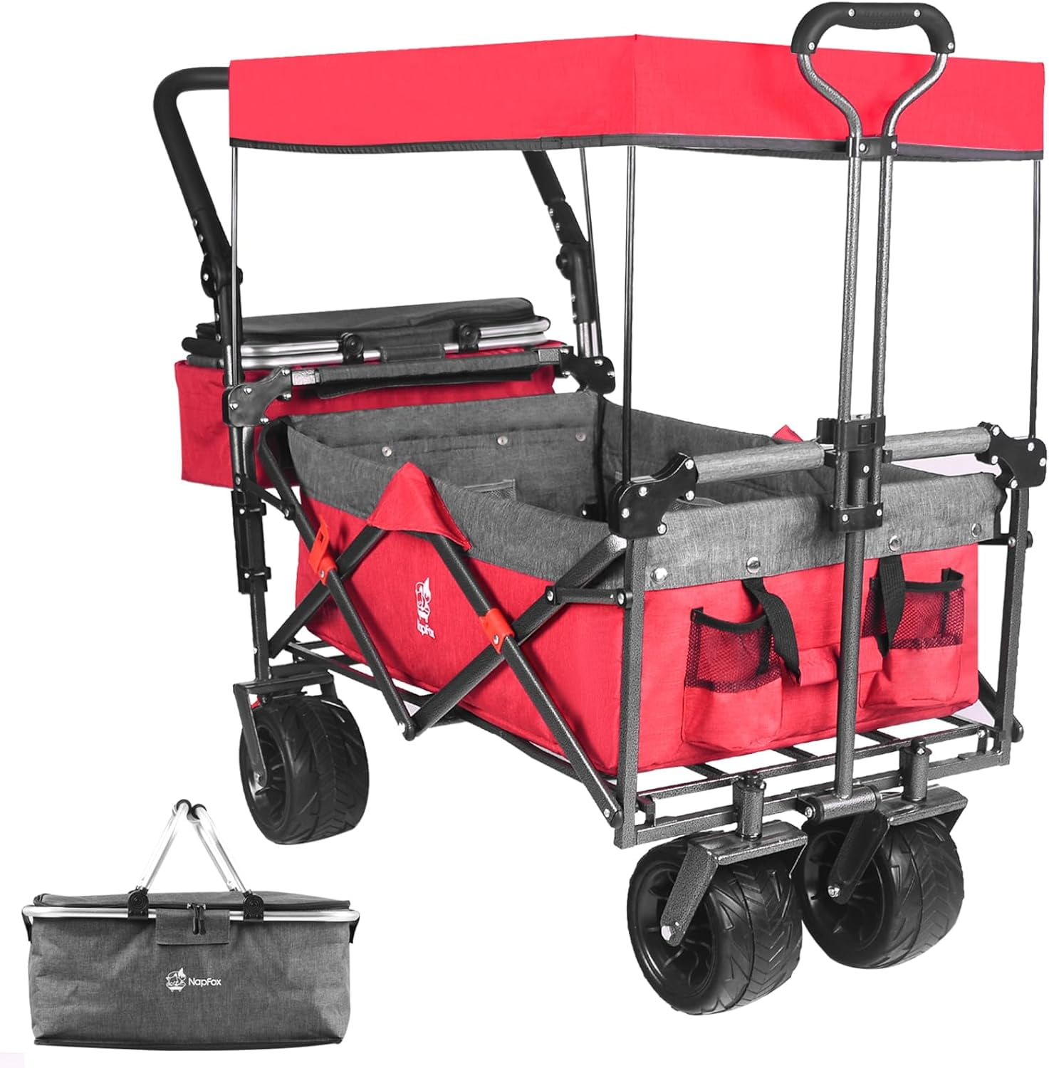 140L Collapsible Wagon with Removable Canopy, Foldable Utility Wagon with All-Terrain Wheels & Brake, Telescopic Lockable Push-Pull Handle, Built-in Cooler Bag for Camping Beach Shopping