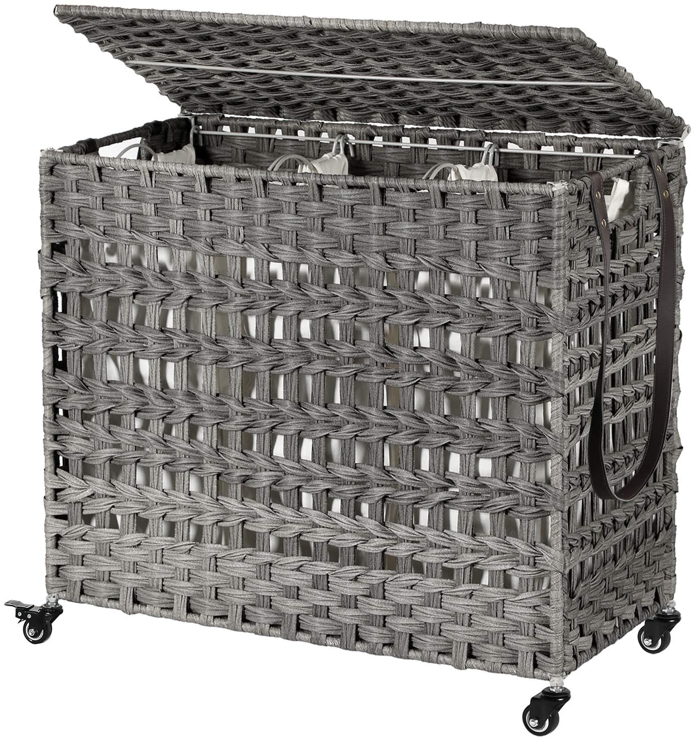 140L Laundry Hamper on Wheels 3 Compartment Laundry Sorter with Lid Clothes Hamper with Handles Wiker Laundry Basket for Laundry Room Gray