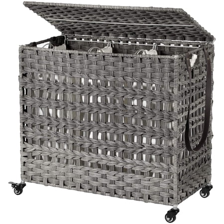 140L Laundry Hamper on Wheels 3 Compartment Laundry Sorter with Lid Clothes Hamper with Handles Wiker Laundry Basket for Laundry Room Gray