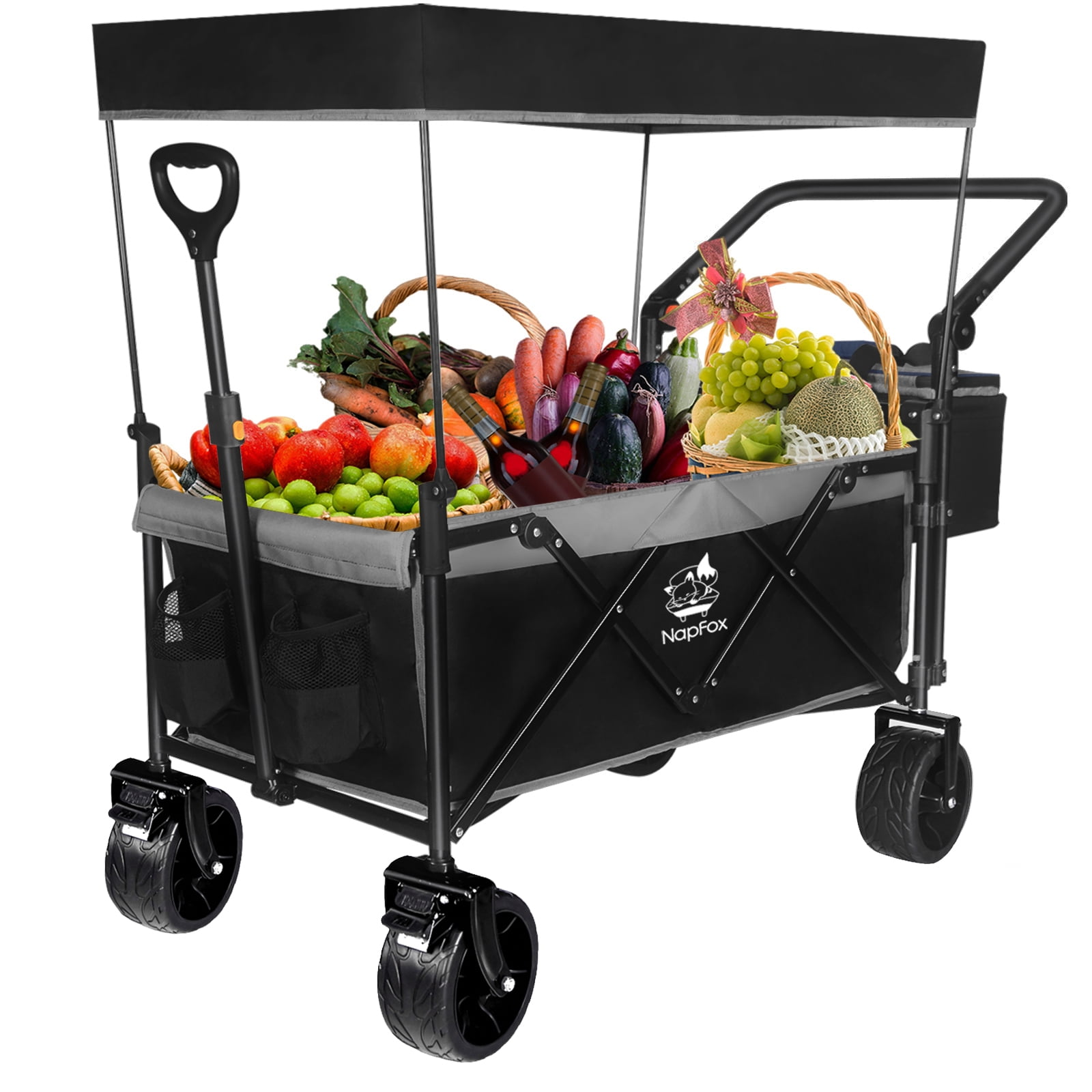 140L Wagons Carts with Removable Canopy, Folding Wagon Cart with Wheels for All-Terrain with Brake, Foldable Wagon with Cooler Bag for Camping Beach Shopping