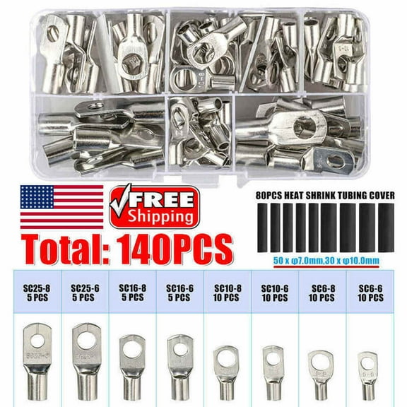 140PCS Bare Copper Lugs Ring Terminals SC Electrical Wire Crimp Connectors Kit