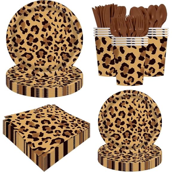 140PCS Leopard Print Party Decorations,Jungle Animal theme Decorations Include Tableware, Plate, Cup, Napkin, Cutlery, Animal Cheetah Print Birthday Party Supplies Serve 20