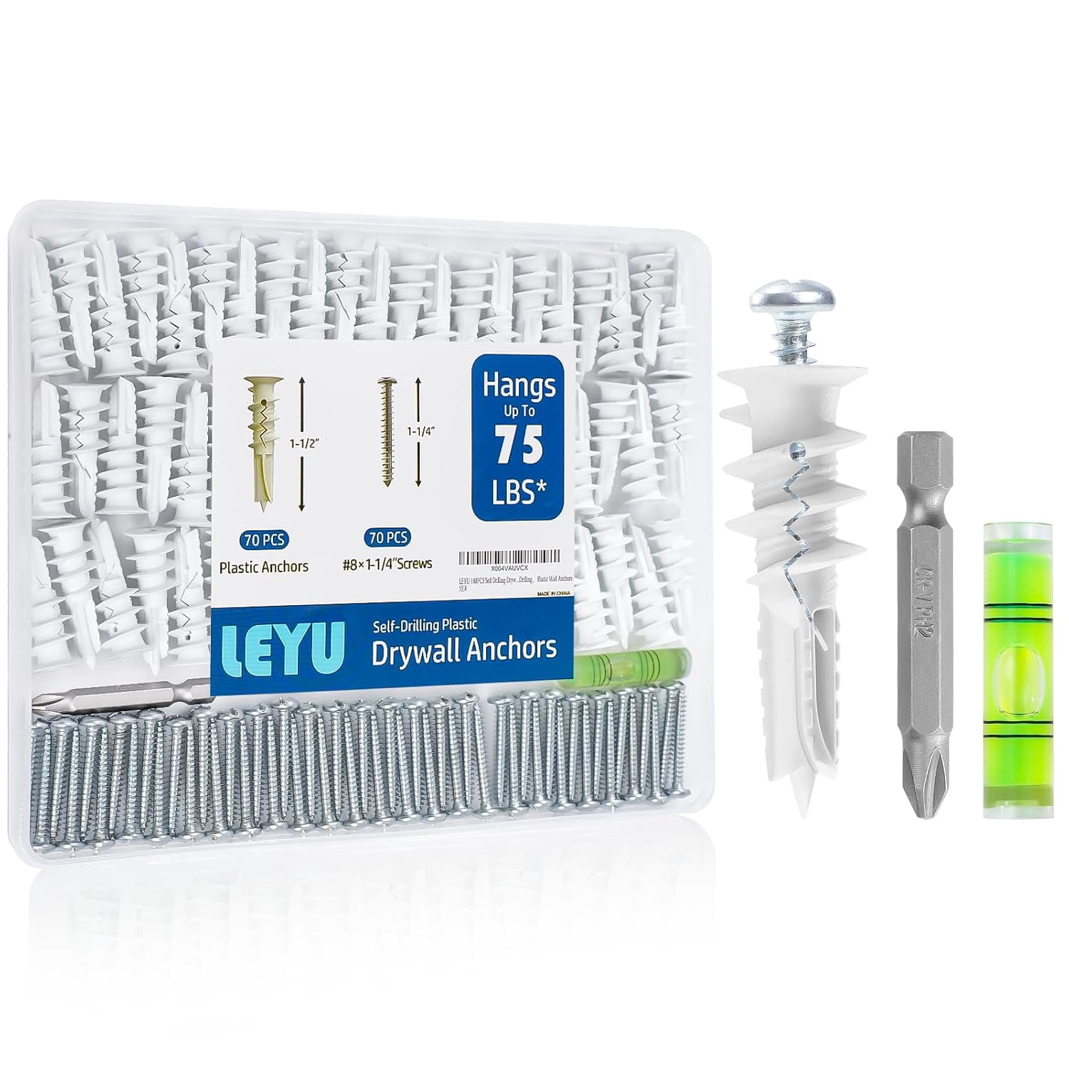 140PCS Self Drilling Drywall Anchors and Screws Kit #8 x 1-1/4”, Heavy Duty Sheetrock Anchors for Hanging Shelves,Picture Frames,Curtains, No Pre-Drilling, Plastic Dry Wall Anchors