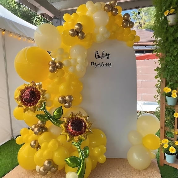 140PCS Sunflower Balloon Garland Arch Kit, Lemon Yellow, Maca Yellow & Metallic Gold Latex and Foil Sunflower Balloons for Sunshine Sunflower Bee Themed Wedding Birthday Party Decorations