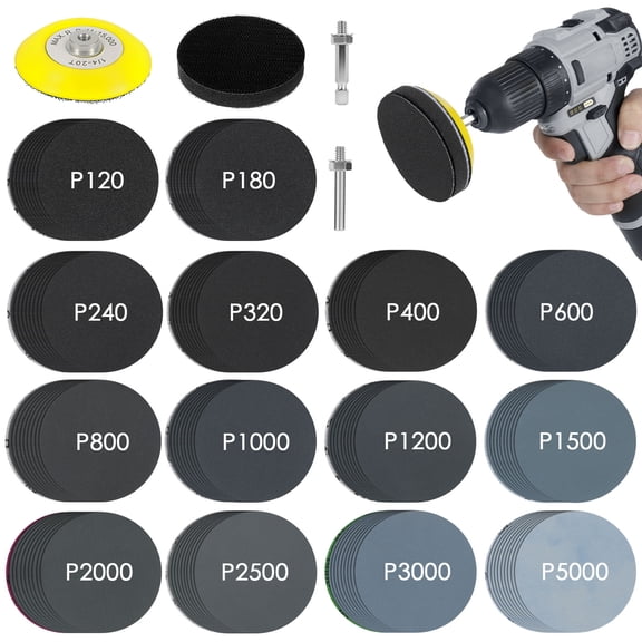 140Pcs 3 Inch Wet Dry Sanding Disc Assorted 120 to 5000 Grit Silicon Carbide Hook and Loop Sandpaper with 1/4" Shank Sanding Pad and Foam Buffering Pad for Wood Metal Car Polishing and Finishing