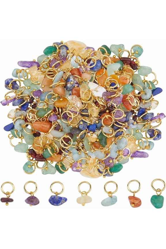 140Pcs 7 Colors Natural Gemstone Charms Stone Charms Bulk Mixed Gemstone Pendants Irregular Stone Chip Pendants with Platinum Golden Brass Loop for Jewelry Making